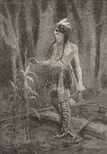En hij zag een jongeling naderen, Gekleed in groene en gele gewaden, uit Het Lied van Hiawatha door Henry Wadsworth Longfellow, uitgegeven door George G. Harrap und Company Ltd., 1911 door Frederic Remington